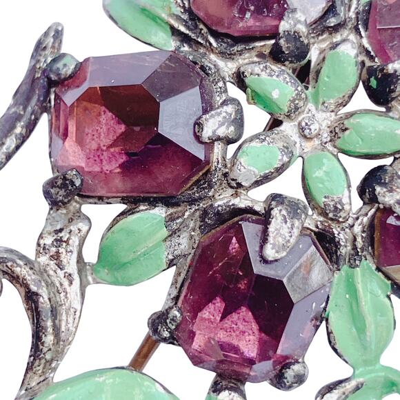 Vintage 1930s Floral Bouquet Brooch Purple Glass Enamel Pot Metal Jewelry Pin - Picture 3 of 15